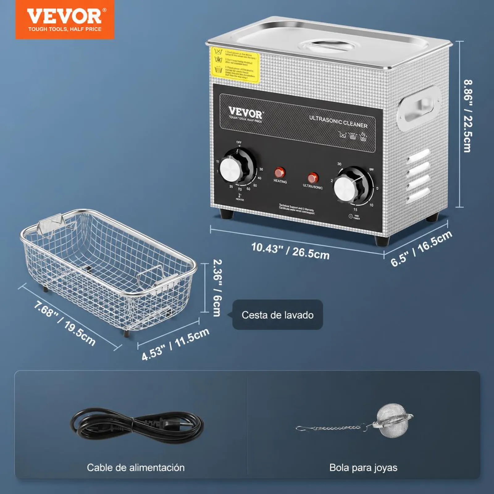VEVOR Limpiador Ultrasónico 3 L con Temporizador de Calentamiento y Cesta Equipo de Limpieza Ultrasónico Digital Profesional 120 W para Relojes Instrumentos Gafas Monedas Piezas de Metal Plata