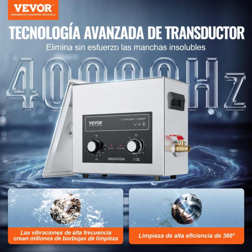 VEVOR Limpiador Ultrasónico 6 L 180 W con Temporizador de Calentamiento y Cesta Máquina de Cavitación Sónica Digital para Herramientas de Laboratorio, Piezas Metálicas, Carburador, Piezas de Auto