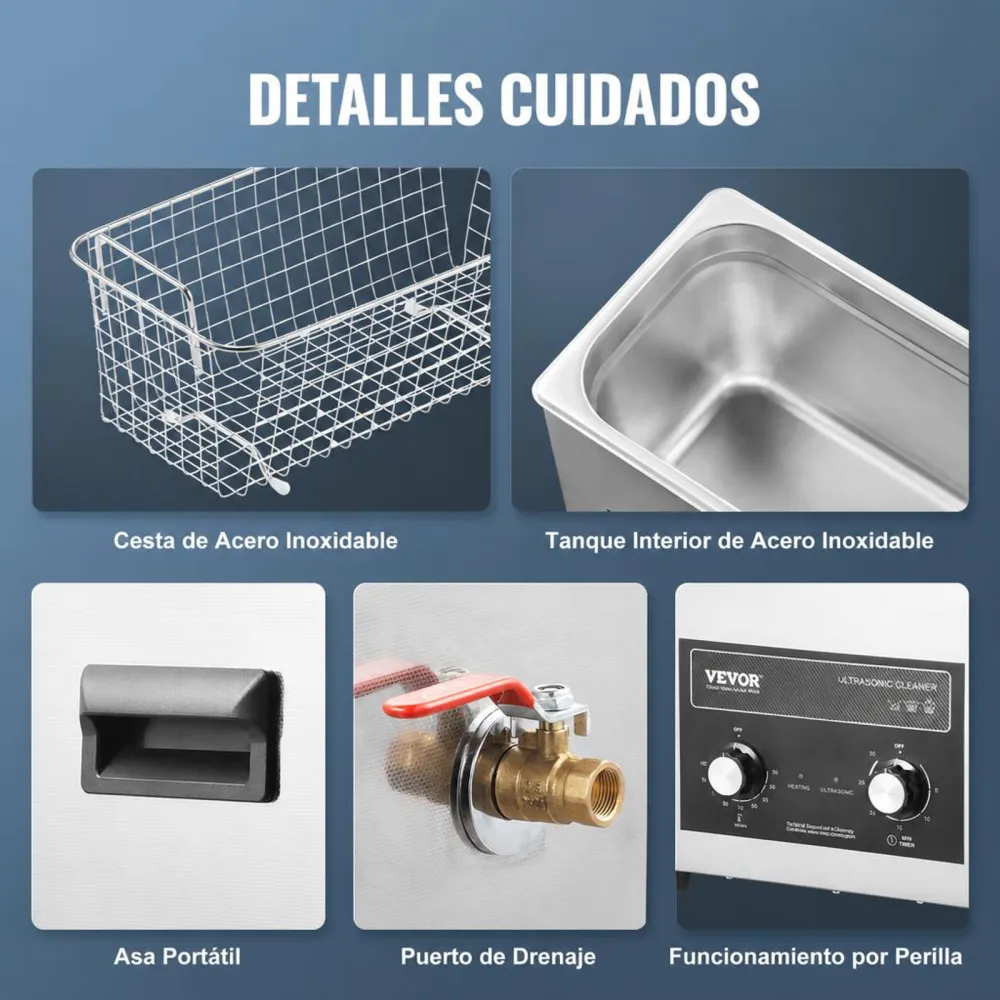 VEVOR Limpiador Ultrasónico 6 L 180 W con Temporizador de Calentamiento y Cesta Máquina de Cavitación Sónica Digital para Herramientas de Laboratorio, Piezas Metálicas, Carburador, Piezas de Auto