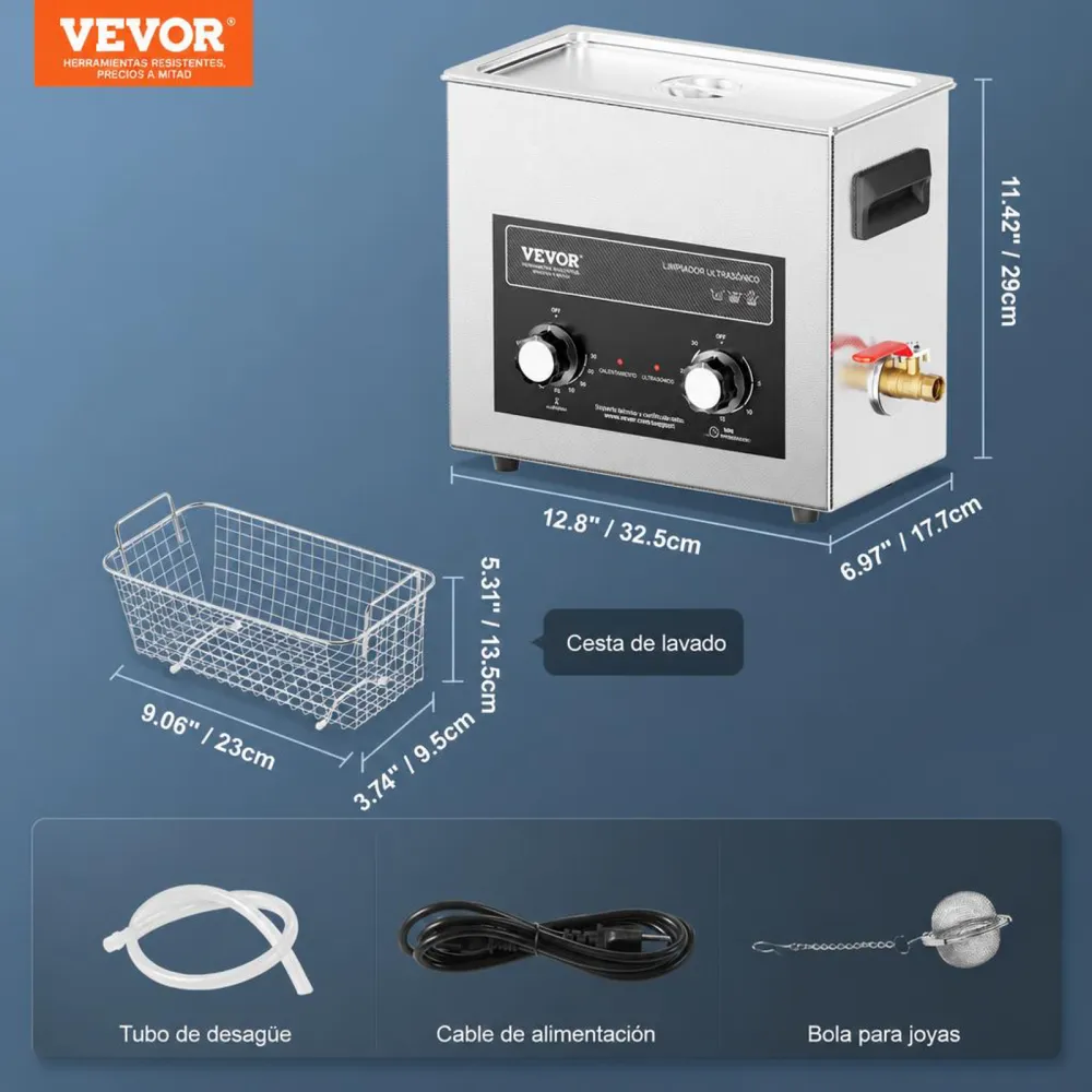 VEVOR Limpiador Ultrasónico 6 L 180 W con Temporizador de Calentamiento y Cesta Máquina de Cavitación Sónica Digital para Herramientas de Laboratorio, Piezas Metálicas, Carburador, Piezas de Auto