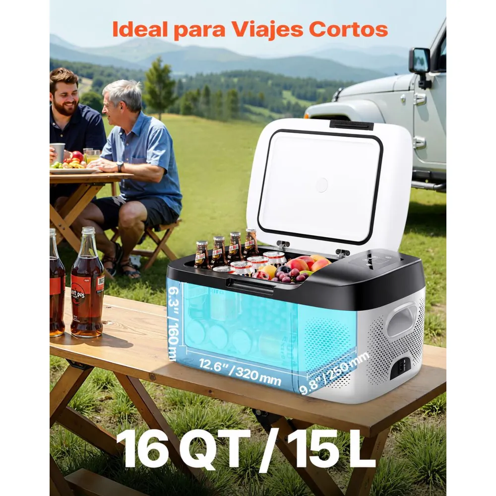 VEVOR Nevera Portátil para Coche 12/24 V CC 100-240 V CA con Compresor, Control de Temperatura de -20 °C a 20 °C, con Aplicación, Congelador de 15 L para Autocaravanas, Camping, Barcos, Pesca