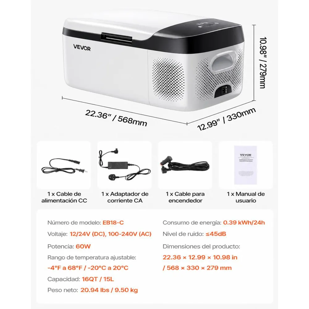 VEVOR Nevera Portátil para Coche 12/24 V CC 100-240 V CA con Compresor, Control de Temperatura de -20 °C a 20 °C, con Aplicación, Congelador de 15 L para Autocaravanas, Camping, Barcos, Pesca