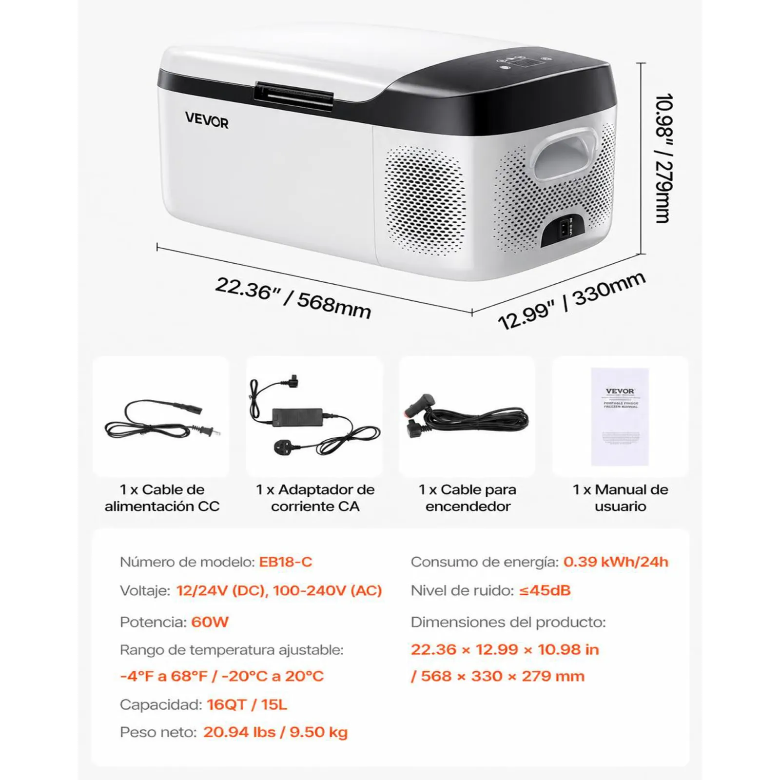 VEVOR Nevera Portátil para Coche 12/24 V CC 100-240 V CA con Compresor, Control de Temperatura de -20 °C a 20 °C, con Aplicación, Congelador de 15 L para Autocaravanas, Camping, Barcos, Pesca
