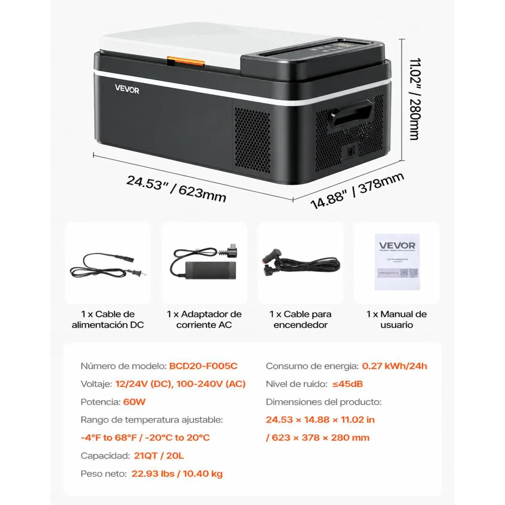 VEVOR Nevera Portátil para Coche 12/24 V CC 100-240 V CA con Compresor, Control de Temperatura de -20 °C a 20 °C, con Aplicación, Congelador de 20 L para Autocaravanas, Camping, Barcos, Pesca
