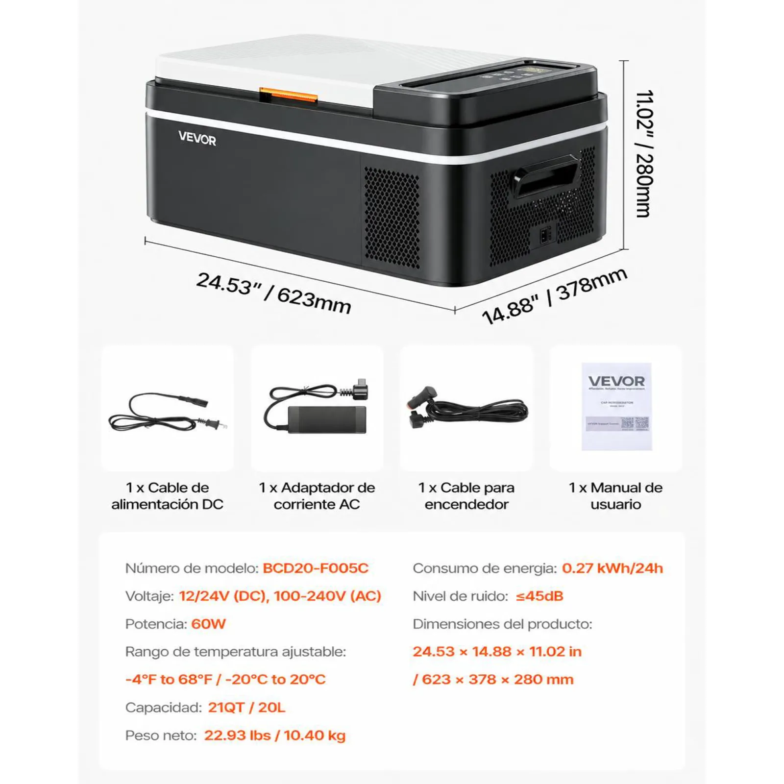 VEVOR Nevera Portátil para Coche 12/24 V CC 100-240 V CA con Compresor, Control de Temperatura de -20 °C a 20 °C, con Aplicación, Congelador de 20 L para Autocaravanas, Camping, Barcos, Pesca
