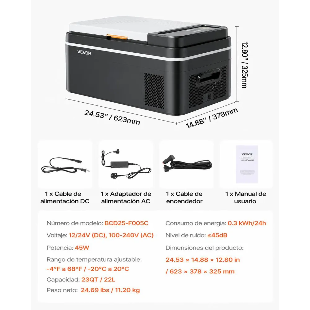 VEVOR Nevera Portátil para Coche 12/24 V CC 100-240 V CA con Compresor, Control de Temperatura de -20 °C a 20 °C, con Aplicación, Congelador de 22 L para Autocaravanas, Camping, Barcos, Pesca