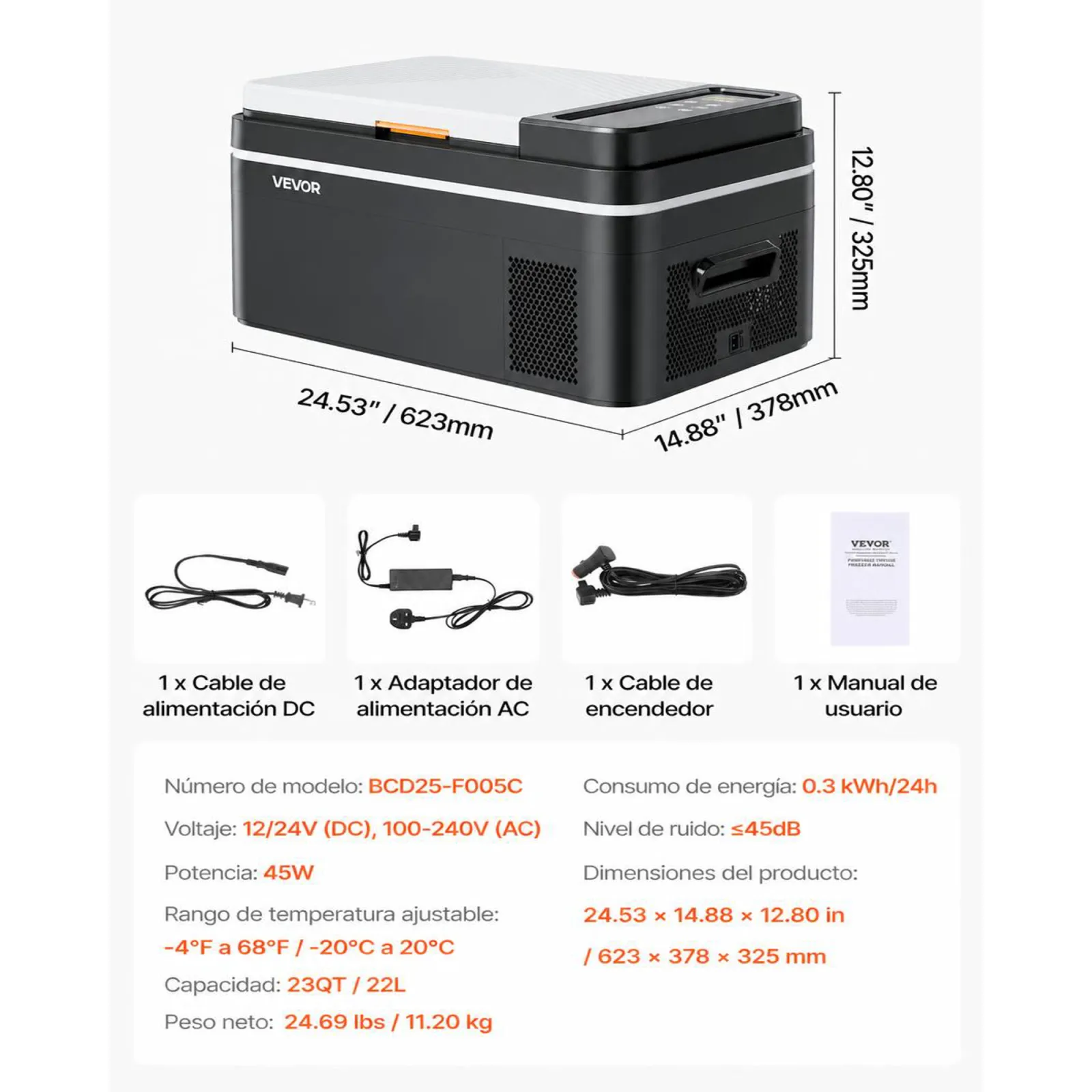 VEVOR Nevera Portátil para Coche 12/24 V CC 100-240 V CA con Compresor, Control de Temperatura de -20 °C a 20 °C, con Aplicación, Congelador de 22 L para Autocaravanas, Camping, Barcos, Pesca