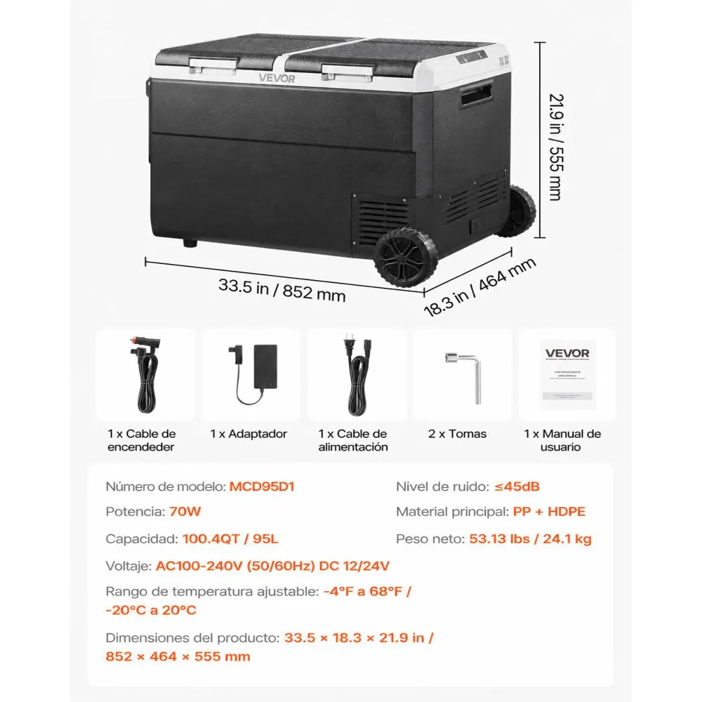 VEVOR Nevera Portátil para Coche 12/24 V CC 100-240 V CA con Compresor, Control de Temperatura de -20 °C a 20 °C, Doble Zona, 95 L para Autocaravanas, Camping, Barcos, Pesca, Viajes, Exteriores