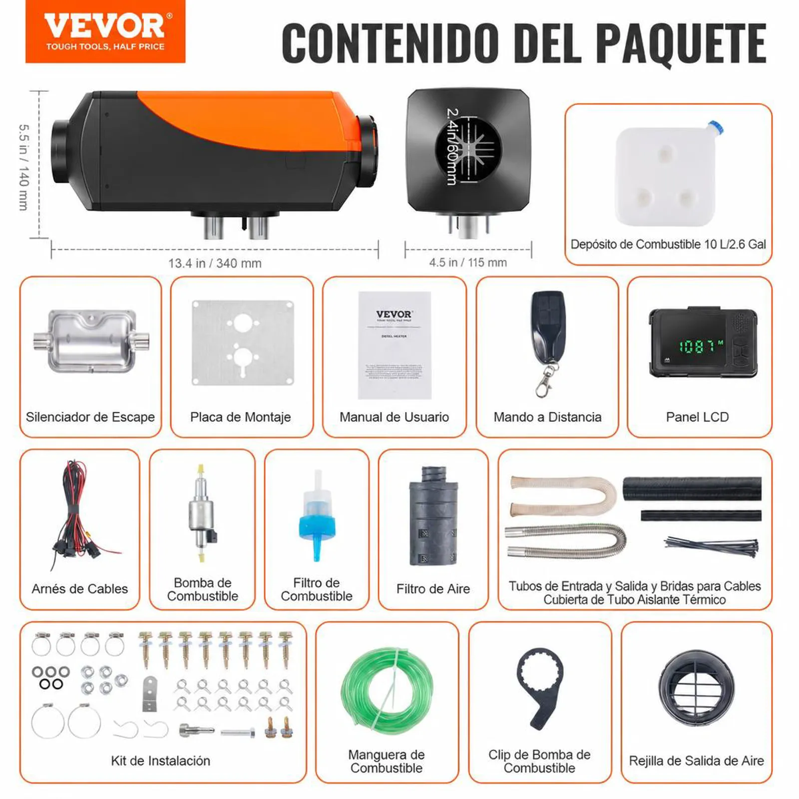 VEVOR Calentador de Aire Diesel 12V 2KW Consumo 0,12-0,26L/h Calefacción Estacionaria 8~36°C Ajustable 10-15m² Control Inteligente con LCD Bluetooth Mando a Distancia Tanque de 10L para Camión Barco