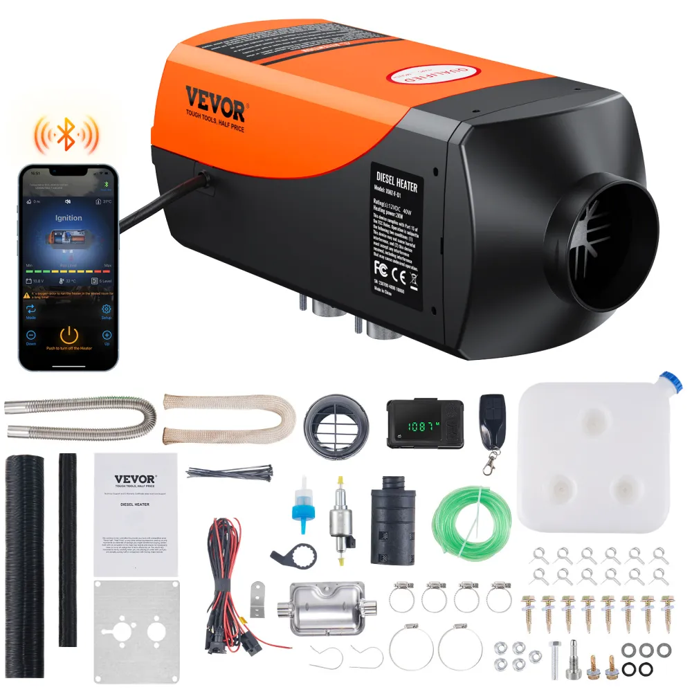 VEVOR Calentador de Aire Diesel 12V 2KW Consumo 0,12-0,26L/h Calefacción Estacionaria 8~36°C Ajustable 10-15m² Control Inteligente con LCD Bluetooth Mando a Distancia Tanque de 10L para Camión Barco