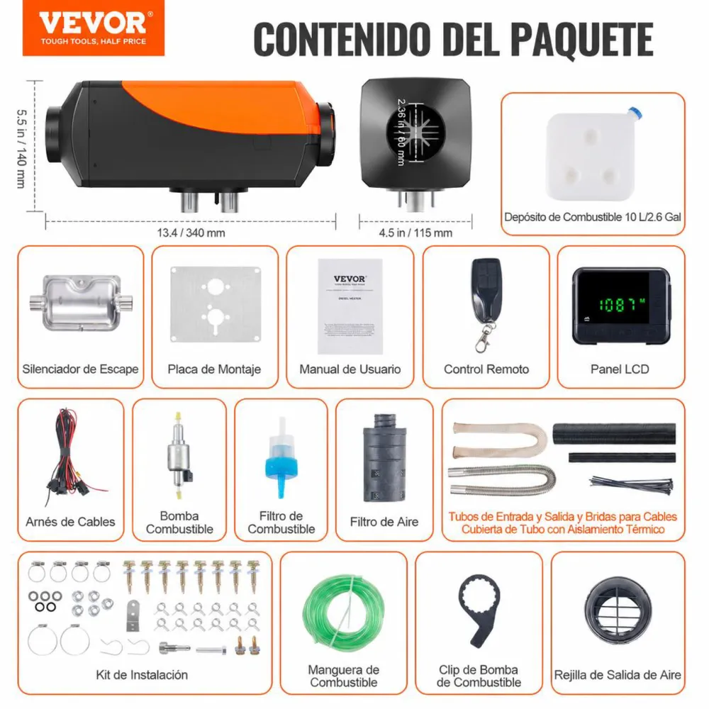 VEVOR Calentador Diesel 12&24V 2KW 0,12-0,26 L/h Calentador de Aire Diesel 8-36 °C Ajustable 10-15m² Control LCD Inteligente y Mando a Distancia Depósito de 10L para Interior de Autocaravana Camión Barco
