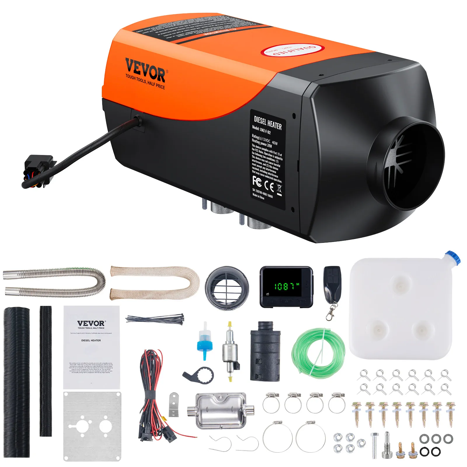 VEVOR Calentador Diesel 12&24V 2KW 0,12-0,26 L/h Calentador de Aire Diesel 8-36 °C Ajustable 10-15m² Control LCD Inteligente y Mando a Distancia Depósito de 10L para Interior de Autocaravana Camión Barco