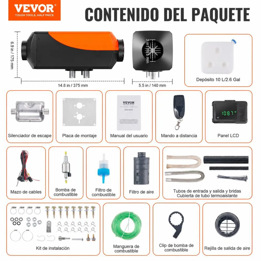 VEVOR Calentador de Aire Diesel 12V 5-8KW Consumo 0,16-0,62 L/h Calefacción Estacionaria 8~36°C Ajustable 20-25m² Control Inteligente con LCD Bluetooth Mando a Distancia Tanque de 10L para Camión Barco