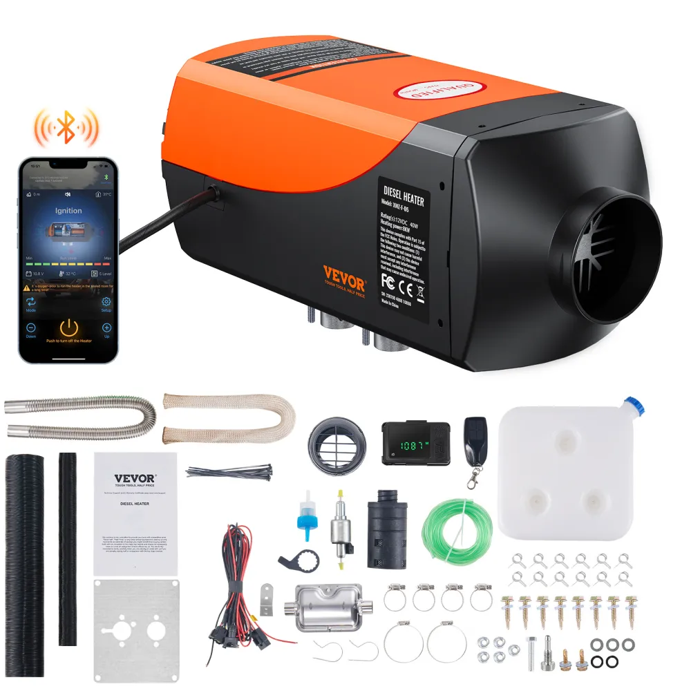 VEVOR Calentador de Aire Diesel 12V 5-8KW Consumo 0,16-0,62 L/h Calefacción Estacionaria 8~36°C Ajustable 20-25m² Control Inteligente con LCD Bluetooth Mando a Distancia Tanque de 10L para Camión Barco