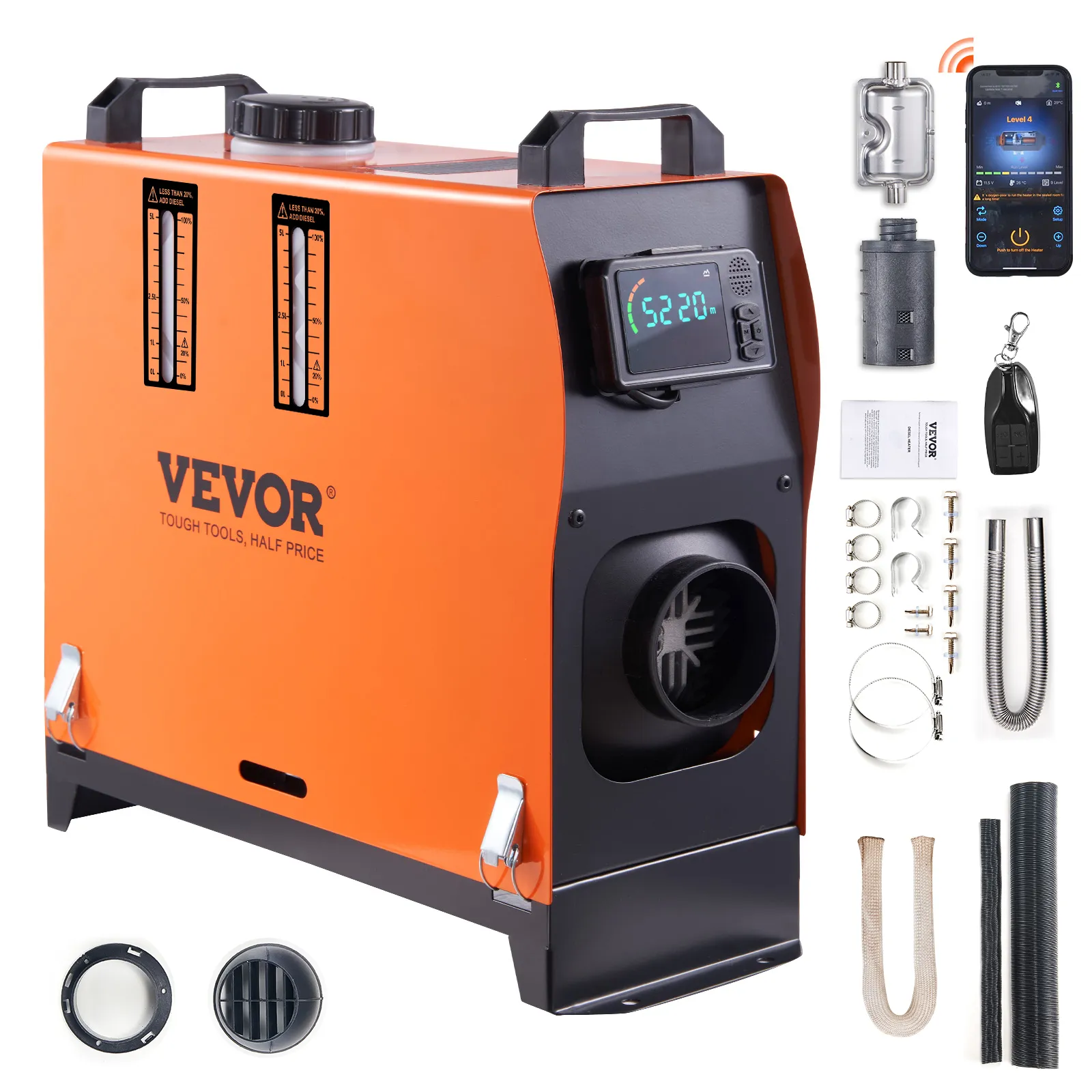 VEVOR Calentador Diésel Portátil Todo en Uno 12V 5-8KW, 0,16-0,62L/h Calentador de Aire Diesel 8~36°C Ajustable 20-25m² Control Inteligente LCD Bluetooth Mando a Distancia Tanque de 5L para Barco RV Auto