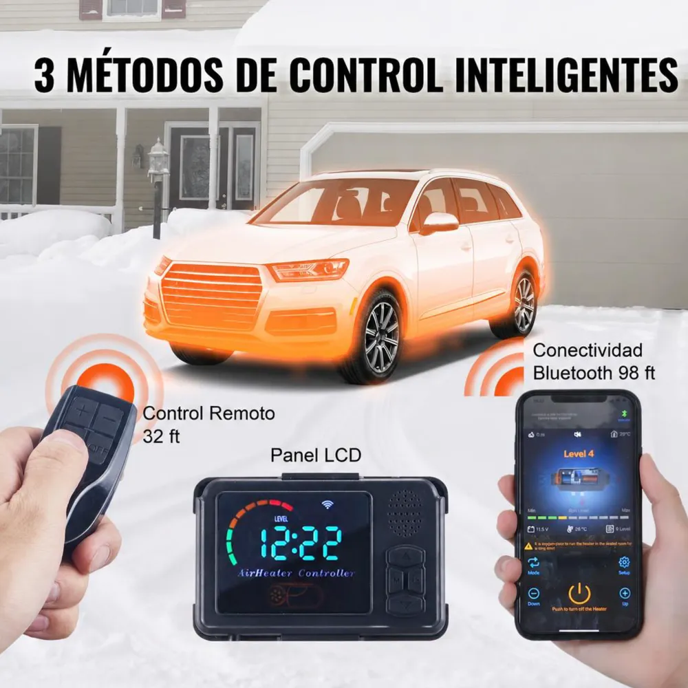 VEVOR Calentador Diésel Portátil Todo en Uno 12V 5-8KW Calentador de Aire Diésel 0,16-0,62 L/h 8~36°C Ajustable 20-25 m² LCD Bluetooth Mando a Distancia Depósito de 5 L para Autocaravana Sin Instalación