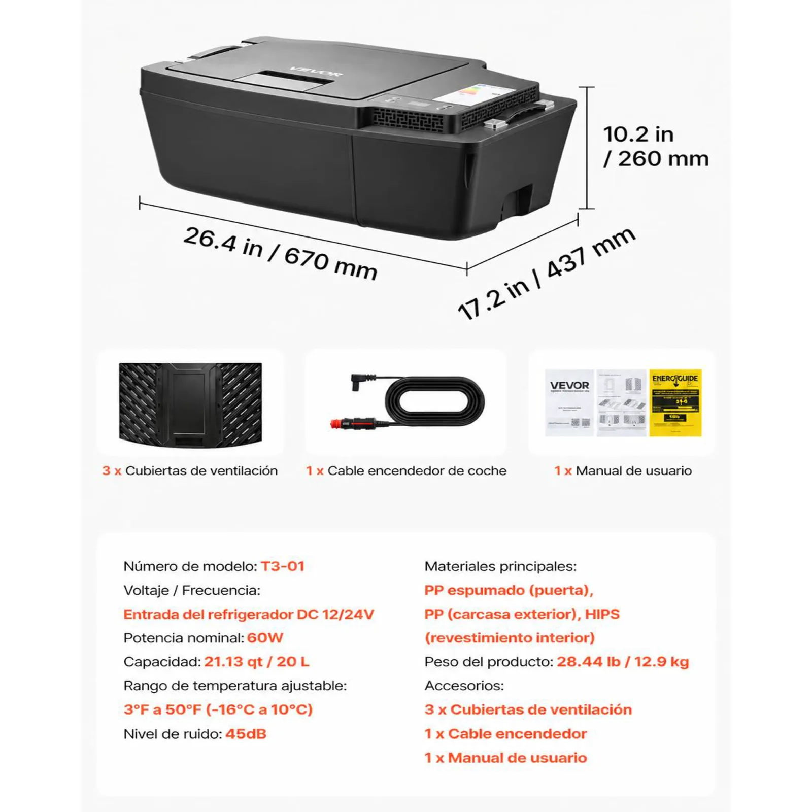 VEVOR Nevera Portátil para Coche 20 L con Compresor, Congelador Eléctrico para Coche Temperatura Ajustable de -16 °C a 10 °C, 12/24 V CC, Refrigerador para Automóvil Compatible para Tesla Model 3