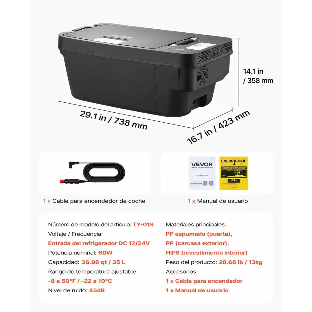 VEVOR Nevera Portátil para Coche 30 L con Compresor, Congelador Eléctrico para Coche Temperatura Ajustable de -22 a 10 °C, 12/24 V CC, Refrigerador para Automóvil Compatible para Tesla Model Y