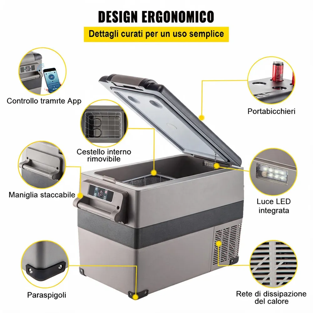 VEVOR Frigorifero Portatile, 45 L Piccolo Frigorifero Compressore Portatile, 45 W Frigorifero per Auto, 27 x 14 x 18 Pollici, Congelatore Domestico, Frigorifero da Viaggio Piccolo Congelatore per Auto