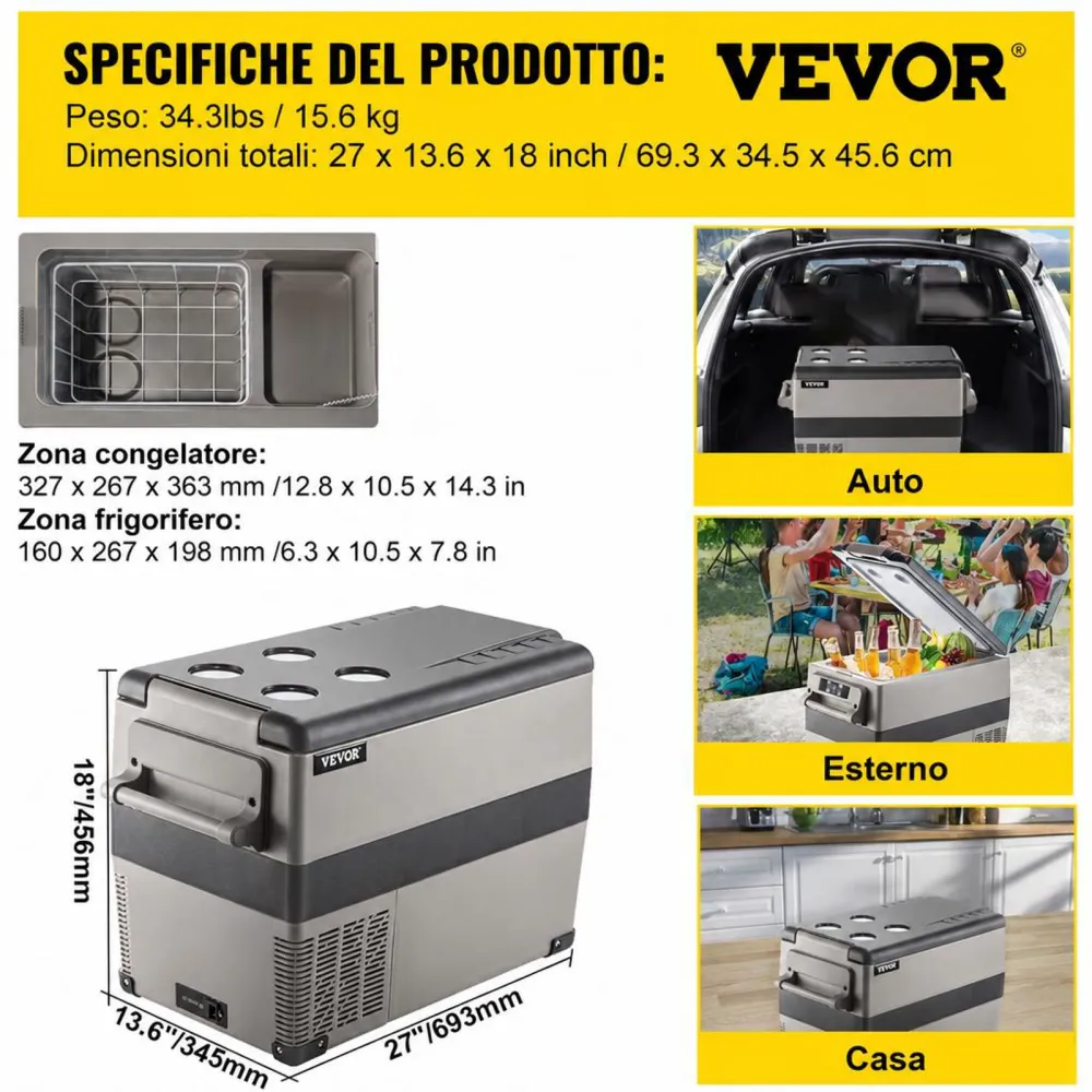 VEVOR Frigorifero Portatile, 45 L Piccolo Frigorifero Compressore Portatile, 45 W Frigorifero per Auto, 27 x 14 x 18 Pollici, Congelatore Domestico, Frigorifero da Viaggio Piccolo Congelatore per Auto