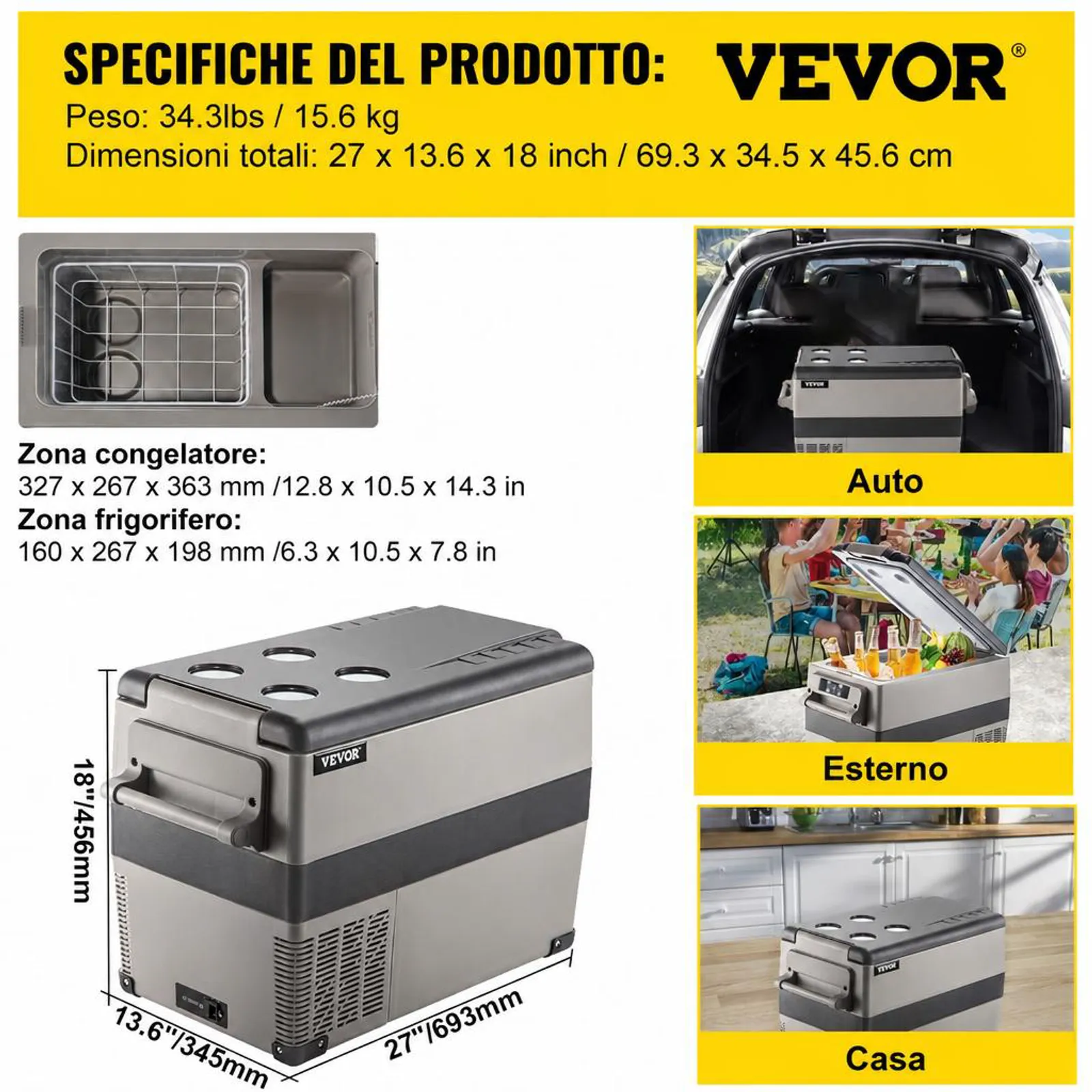 VEVOR Frigorifero Portatile, 45 L Piccolo Frigorifero Compressore Portatile, 45 W Frigorifero per Auto, 27 x 14 x 18 Pollici, Congelatore Domestico, Frigorifero da Viaggio Piccolo Congelatore per Auto