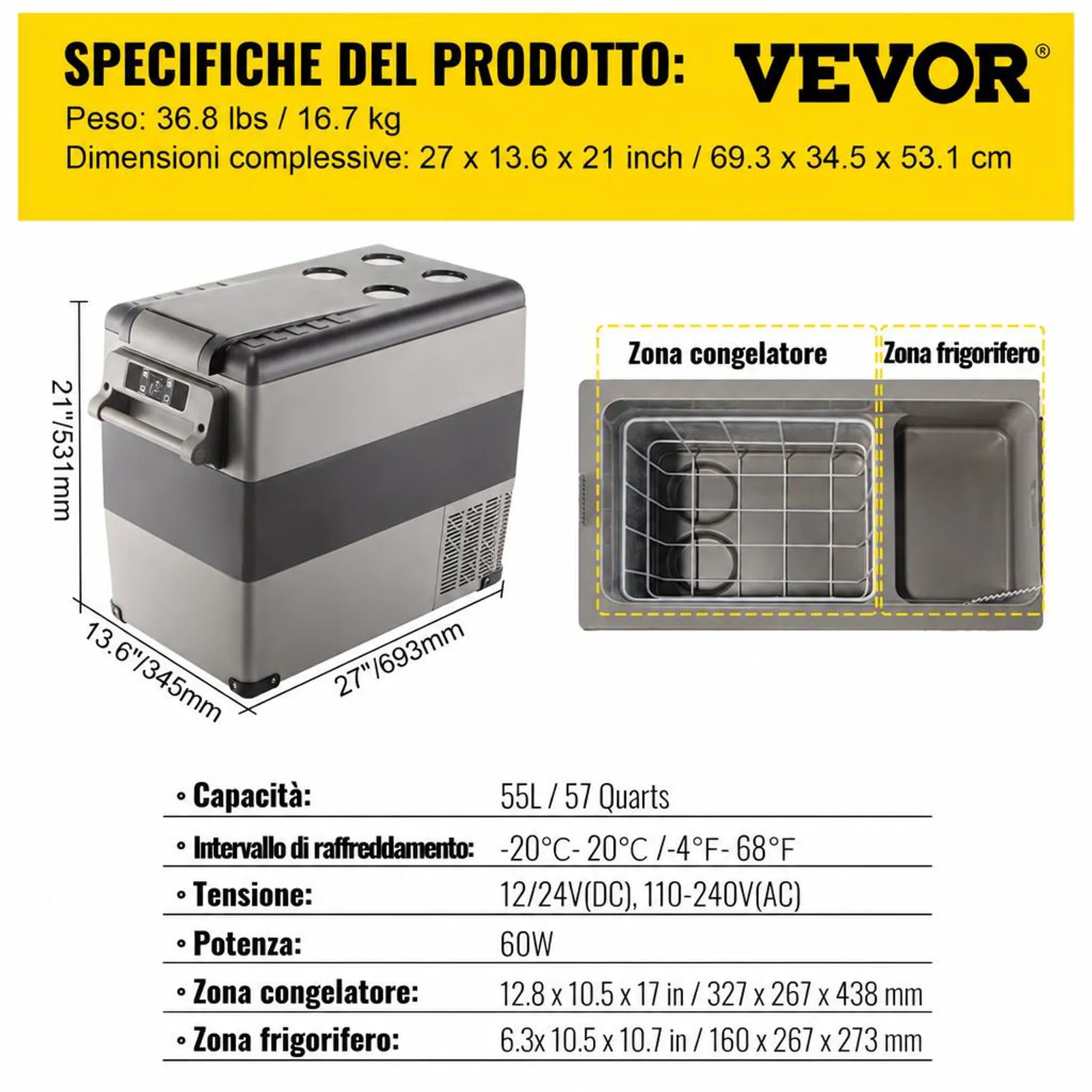 VEVOR Frigorifero portatile 55L, Frigorifero per Auto con Schermo LCD, Congelatore Portatile per Auto, Mini Frigorifero da Campeggio Controllo APP per Auto Camion Barca Camper