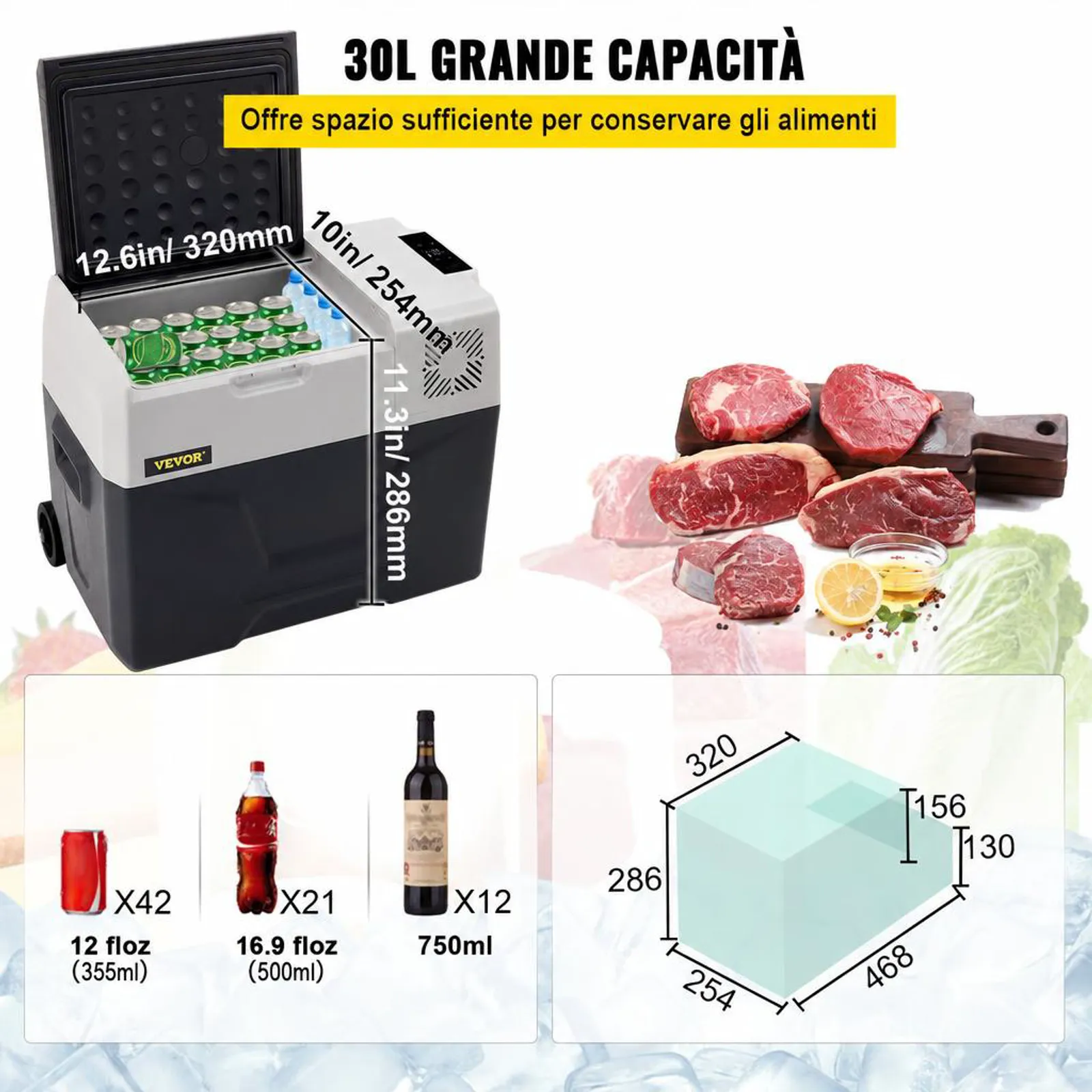 VEVOR Congelatore per Frigorifero Elettrico Portatile, Capacità 30 L Piccolo Frigorifero Congelatore 37,8 x 37,5 x 61 cm Mini Frigorifero per Auto Guida Viaggi Potenza Totale in Ingresso 45 W