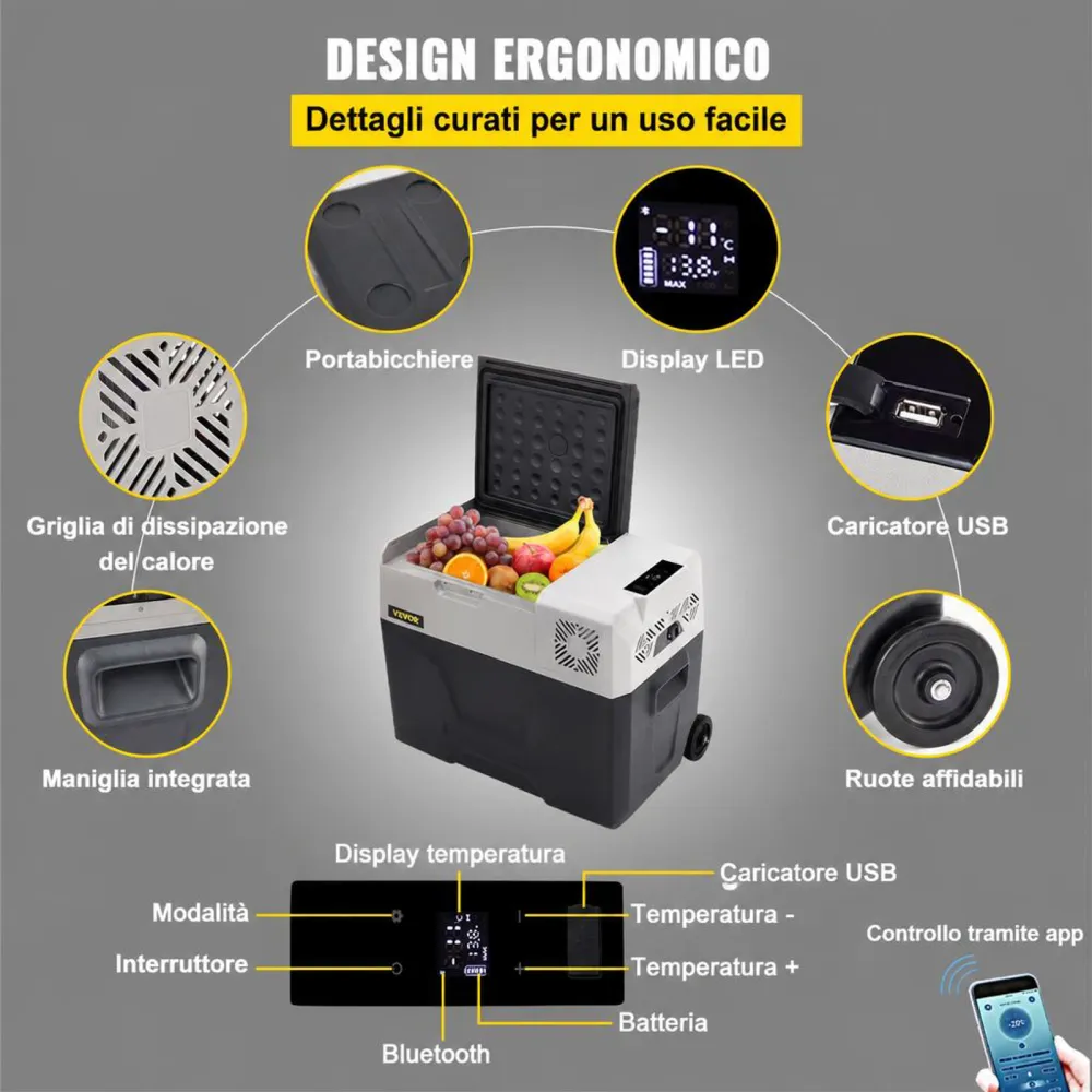 VEVOR Mini Frigorifero Portatile per Auto Congelatore 40L Schermo LED Digitale, Frigo Portatile Capienza 40L Campeggio Viaggio Auto Schermo di Controllo, Frigo Portatile 12V/24V da Auto Camion Barca