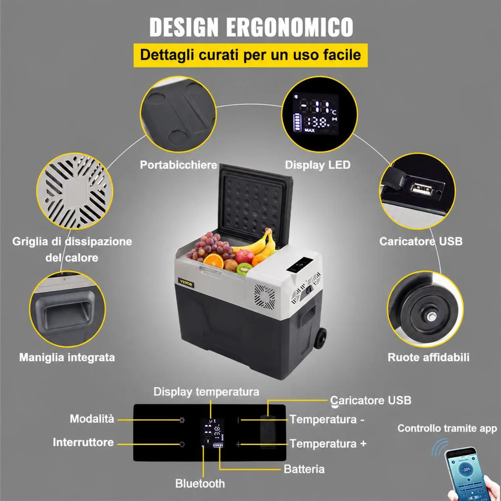 VEVOR Mini Frigorifero Portatile per Auto Congelatore 40L Schermo LED Digitale, Frigo Portatile Capienza 40L Campeggio Viaggio Auto Schermo di Controllo, Frigo Portatile 12V/24V da Auto Camion Barca
