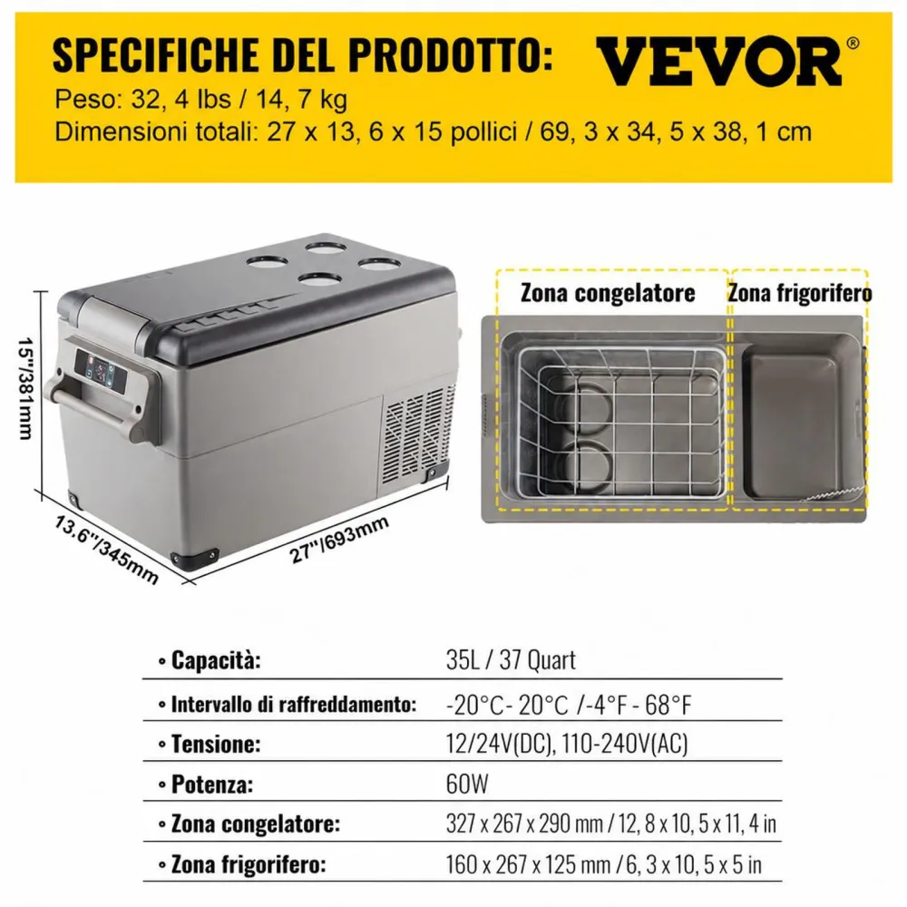 VEVOR Congelatore per Frigorifero Elettrico Portatile, Capacità 35 L Piccolo Frigorifero Congelatore 27,1 x 13,6 x 15 Pollici Mini Frigorifero per Auto per Guida Viaggi Potenza Totale in Ingresso 60 W