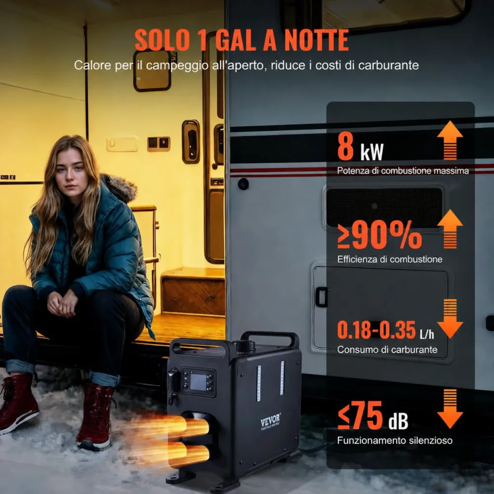 VEVOR Riscaldatore d'Aria Diesel con Controllo APP Bluetooth, 5-8KW, Telecomando e Schermo di Visualizzazione, Allarme CO, Riscaldatore Diesel a Riscaldamento Portatile per Veicoli e Garage 5-8KW, 12V/24V