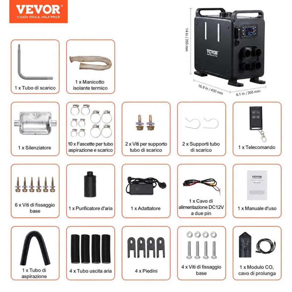 VEVOR Riscaldatore d'Aria Diesel con Controllo APP Bluetooth, 5-8KW, Telecomando e Schermo di Visualizzazione, Allarme CO, Riscaldatore Diesel a Riscaldamento Portatile per Veicoli e Garage 5-8KW, 12V/24V
