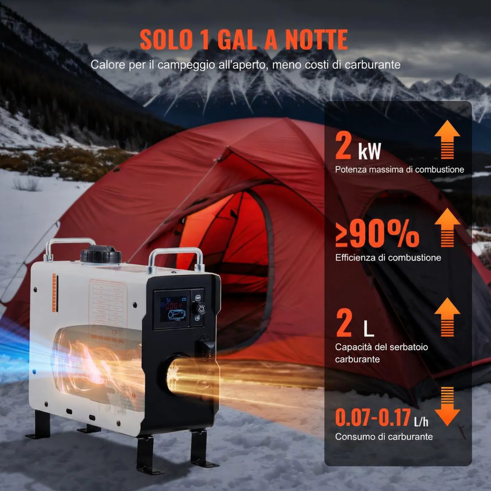 VEVOR Riscaldatore d'Aria Diesel 2 KW, 12V/24V, con Controllo APP Bluetooth, Telecomando Schermo di Visualizzazione, Allarme CO, Riscaldatore Diesel Portatile Riscaldamento per Veicoli e Spazi Aperti