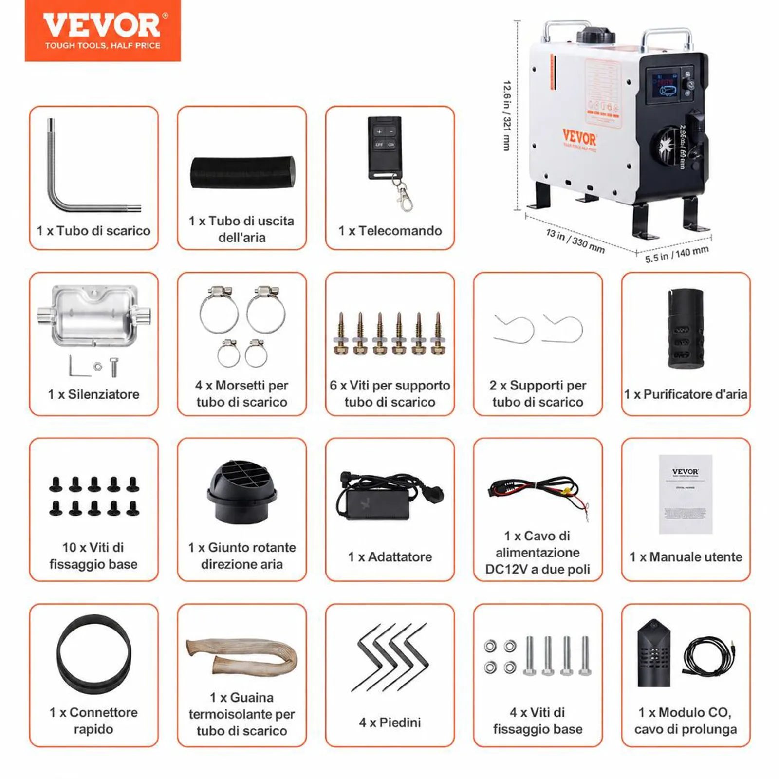 VEVOR Riscaldatore d'Aria Diesel 2 KW, 12V/24V, con Controllo APP Bluetooth, Telecomando Schermo di Visualizzazione, Allarme CO, Riscaldatore Diesel Portatile Riscaldamento per Veicoli e Spazi Aperti