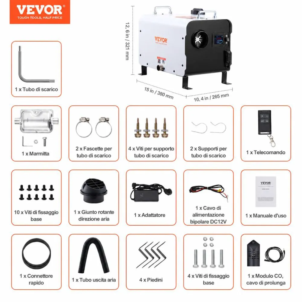 VEVOR Riscaldatore d'Aria Diesel 5-8KW, 12V/24V, con Controllo APP Bluetooth, Telecomando e Schermo Visualizzazione, Allarme CO, Riscaldatore Diesel Portatile a Riscaldamento per Veicoli e Spazi Aperti