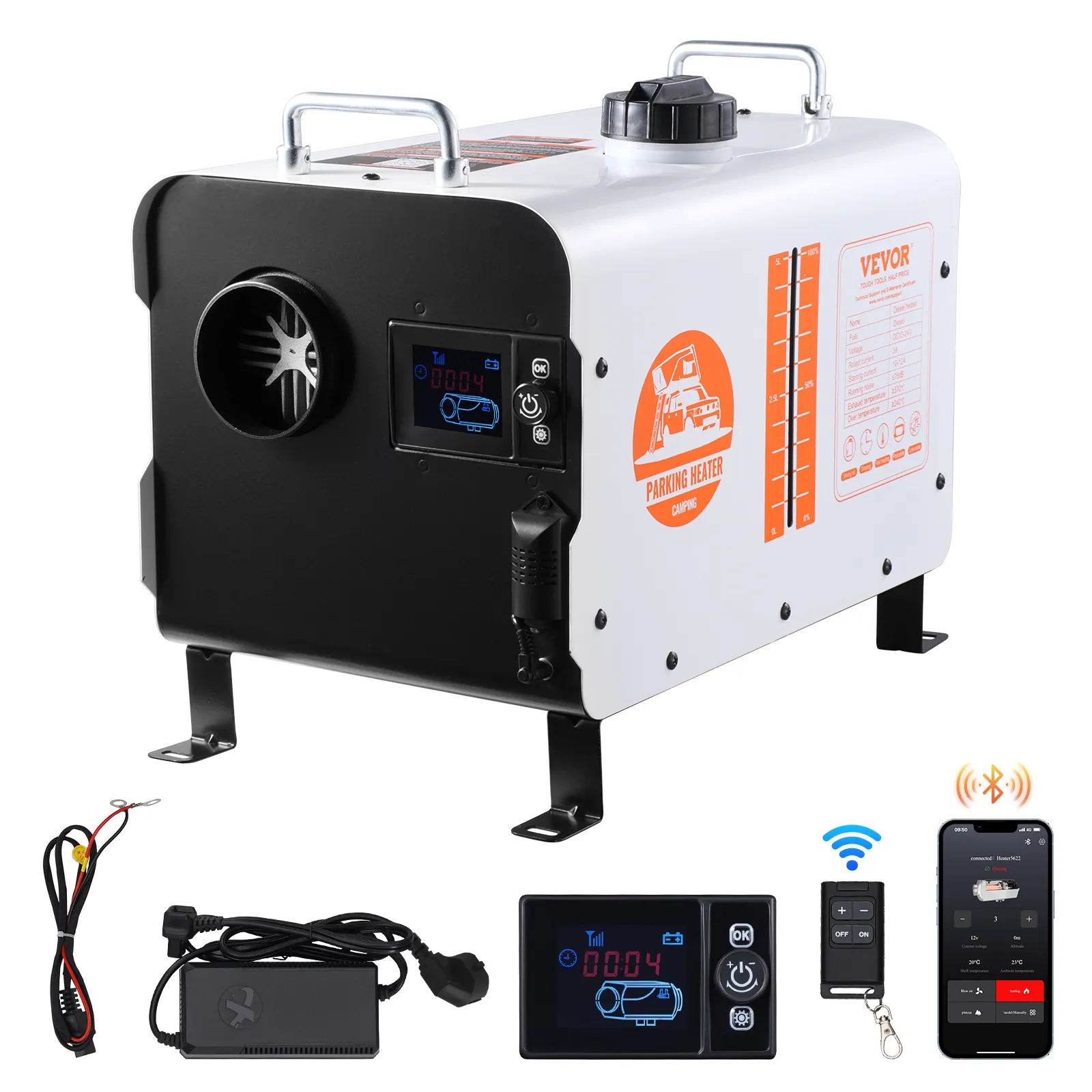 VEVOR Riscaldatore d'Aria Diesel 5-8KW, 12V/24V, con Controllo APP Bluetooth, Telecomando e Schermo Visualizzazione, Allarme CO, Riscaldatore Diesel Portatile a Riscaldamento per Veicoli e Spazi Aperti