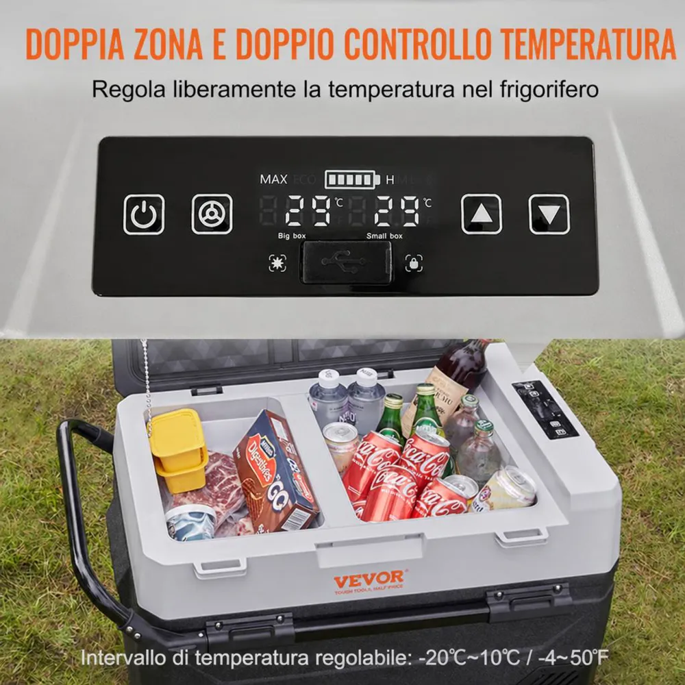 VEVOR Frigo Portatile per Auto, 38 Litri Frigorifero Compressore Congelatore Elettrico CC e CA con Manico Telescopico e Ruote per Campeggio 0,6kW.h Da -20°C a 10°C Regolabile per Auto Camion Barca