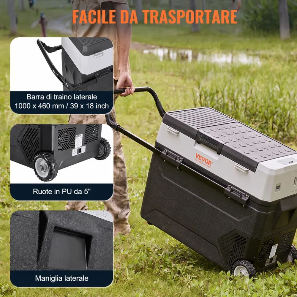 VEVOR Frigo Portatile per Auto, 38 Litri Frigorifero Compressore Congelatore Elettrico CC e CA con Manico Telescopico e Ruote per Campeggio 0,6kW.h Da -20°C a 10°C Regolabile per Auto Camion Barca