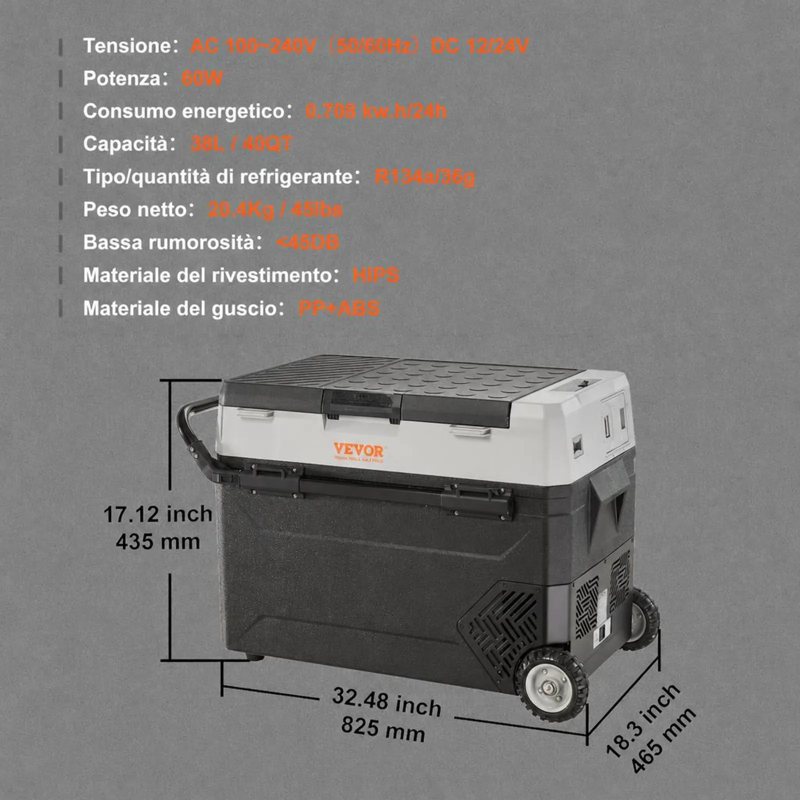 VEVOR Frigo Portatile per Auto, 38 Litri Frigorifero Compressore Congelatore Elettrico CC e CA con Manico Telescopico e Ruote per Campeggio 0,6kW.h Da -20°C a 10°C Regolabile per Auto Camion Barca