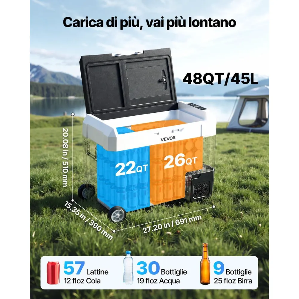 VEVOR Frigorifero Portatile da Auto con Compressore Capienza 45 Litri, Contenitore Refrigerante Doppia Zona Temperatura tra -20 a 20 °C Controllo APP, Mini Frigo per Auto Caravan da Campeggio Pesca