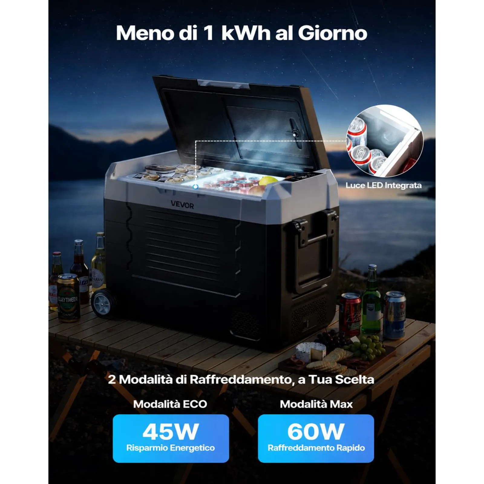 VEVOR Frigorifero Portatile da Auto con Compressore Capienza 45 Litri, Contenitore Refrigerante Doppia Zona Temperatura tra -20 a 20 °C Controllo APP, Mini Frigo per Auto Caravan da Campeggio Pesca