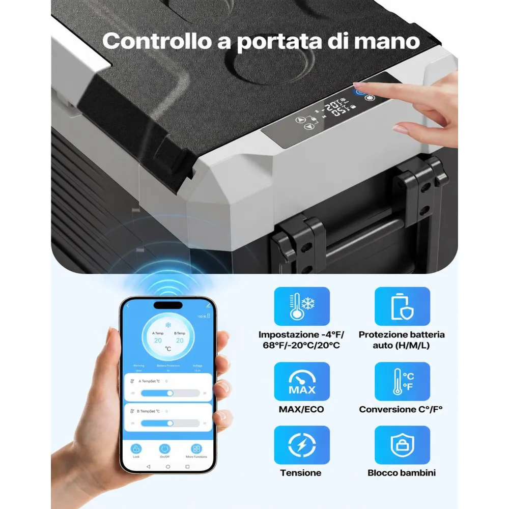 VEVOR Frigorifero Portatile da Auto con Compressore Capienza 45 Litri, Contenitore Refrigerante Doppia Zona Temperatura tra -20 a 20 °C Controllo APP, Mini Frigo per Auto Caravan da Campeggio Pesca