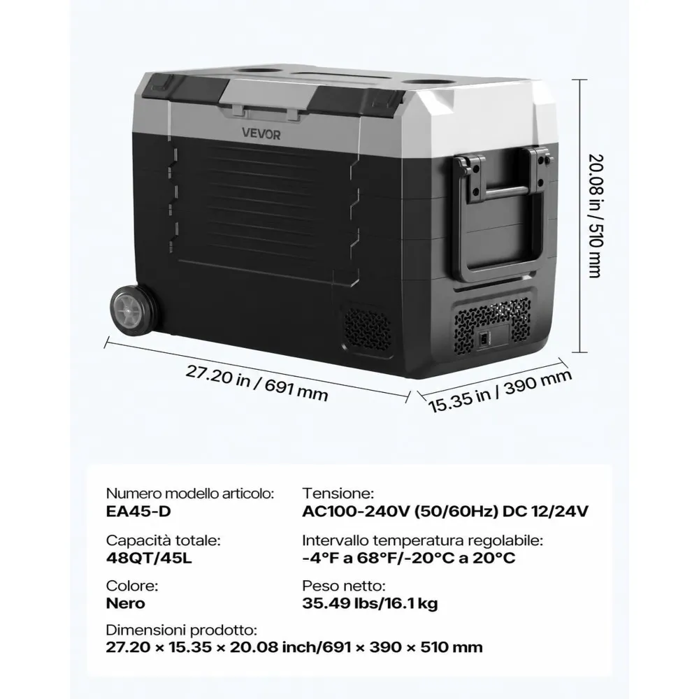 VEVOR Frigorifero Portatile da Auto con Compressore Capienza 45 Litri, Contenitore Refrigerante Doppia Zona Temperatura tra -20 a 20 °C Controllo APP, Mini Frigo per Auto Caravan da Campeggio Pesca