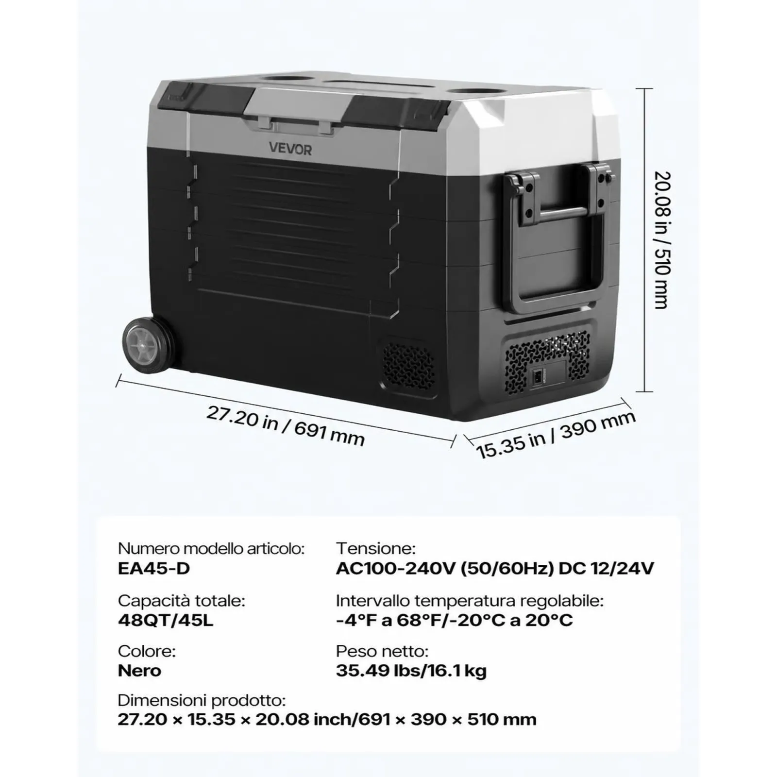 VEVOR Frigorifero Portatile da Auto con Compressore Capienza 45 Litri, Contenitore Refrigerante Doppia Zona Temperatura tra -20 a 20 °C Controllo APP, Mini Frigo per Auto Caravan da Campeggio Pesca