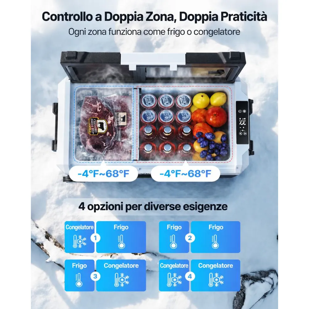 VEVOR Frigorifero Portatile a Compressore da Auto CC 12V/24V CA 100-240V, Frigo Portatile per Campeggio Viaggio Pesca Capienza 55 Litri Contenitore -20 a 20 °C Doppia Zona per Caravan