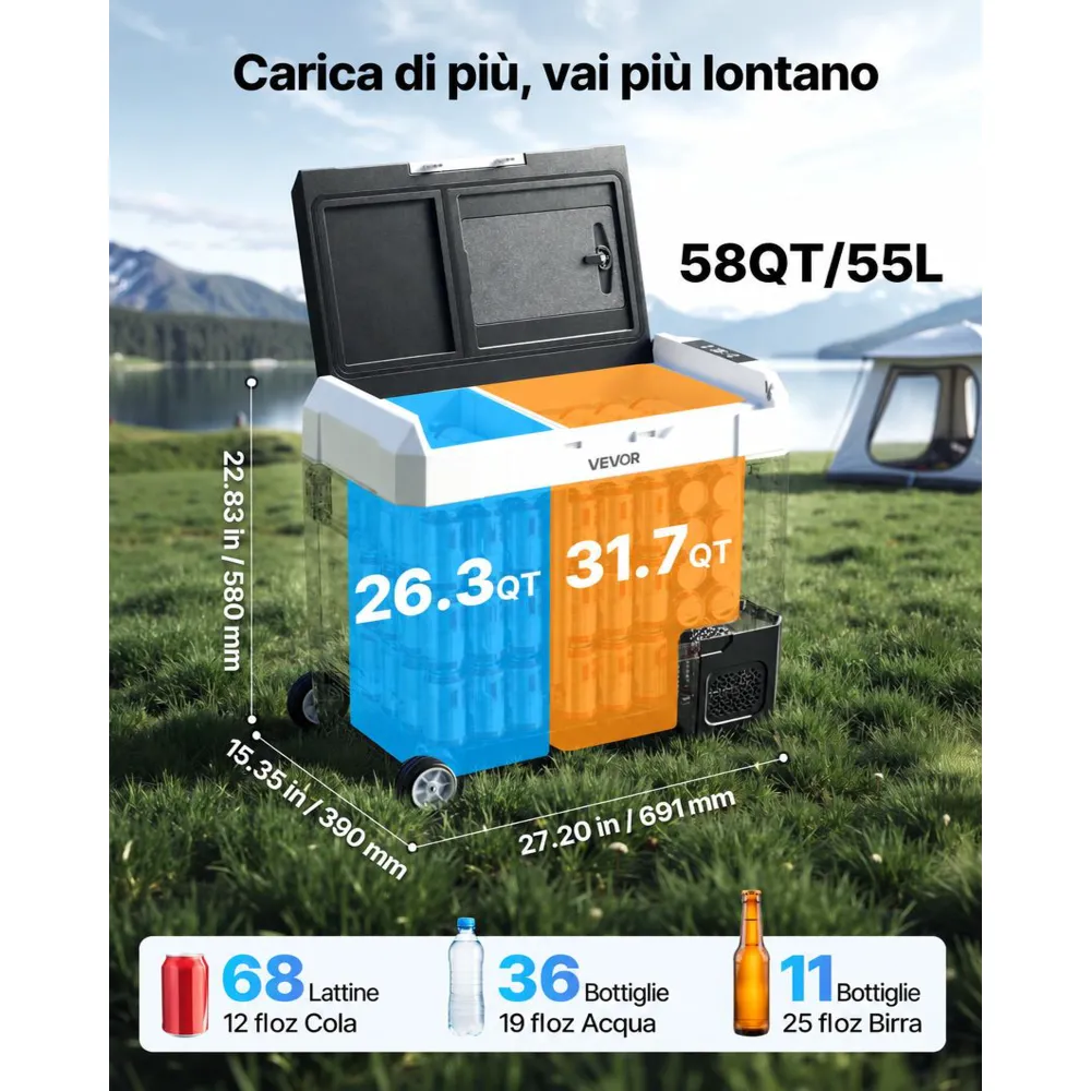 VEVOR Frigorifero Portatile a Compressore da Auto CC 12V/24V CA 100-240V, Frigo Portatile per Campeggio Viaggio Pesca Capienza 55 Litri Contenitore -20 a 20 °C Doppia Zona per Caravan