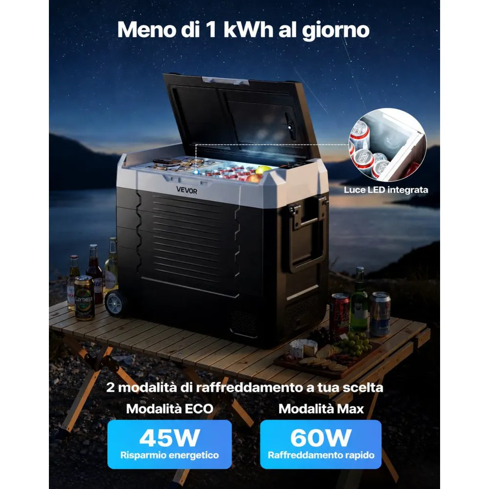 VEVOR Frigorifero Portatile a Compressore da Auto CC 12V/24V CA 100-240V, Frigo Portatile per Campeggio Viaggio Pesca Capienza 55 Litri Contenitore -20 a 20 °C Doppia Zona per Caravan