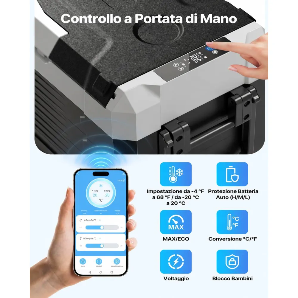 VEVOR Frigorifero Portatile a Compressore da Auto CC 12V/24V CA 100-240V, Frigo Portatile per Campeggio Viaggio Pesca Capienza 55 Litri Contenitore -20 a 20 °C Doppia Zona per Caravan