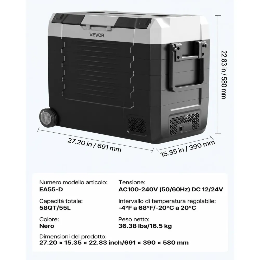 VEVOR Frigorifero Portatile a Compressore da Auto CC 12V/24V CA 100-240V, Frigo Portatile per Campeggio Viaggio Pesca Capienza 55 Litri Contenitore -20 a 20 °C Doppia Zona per Caravan