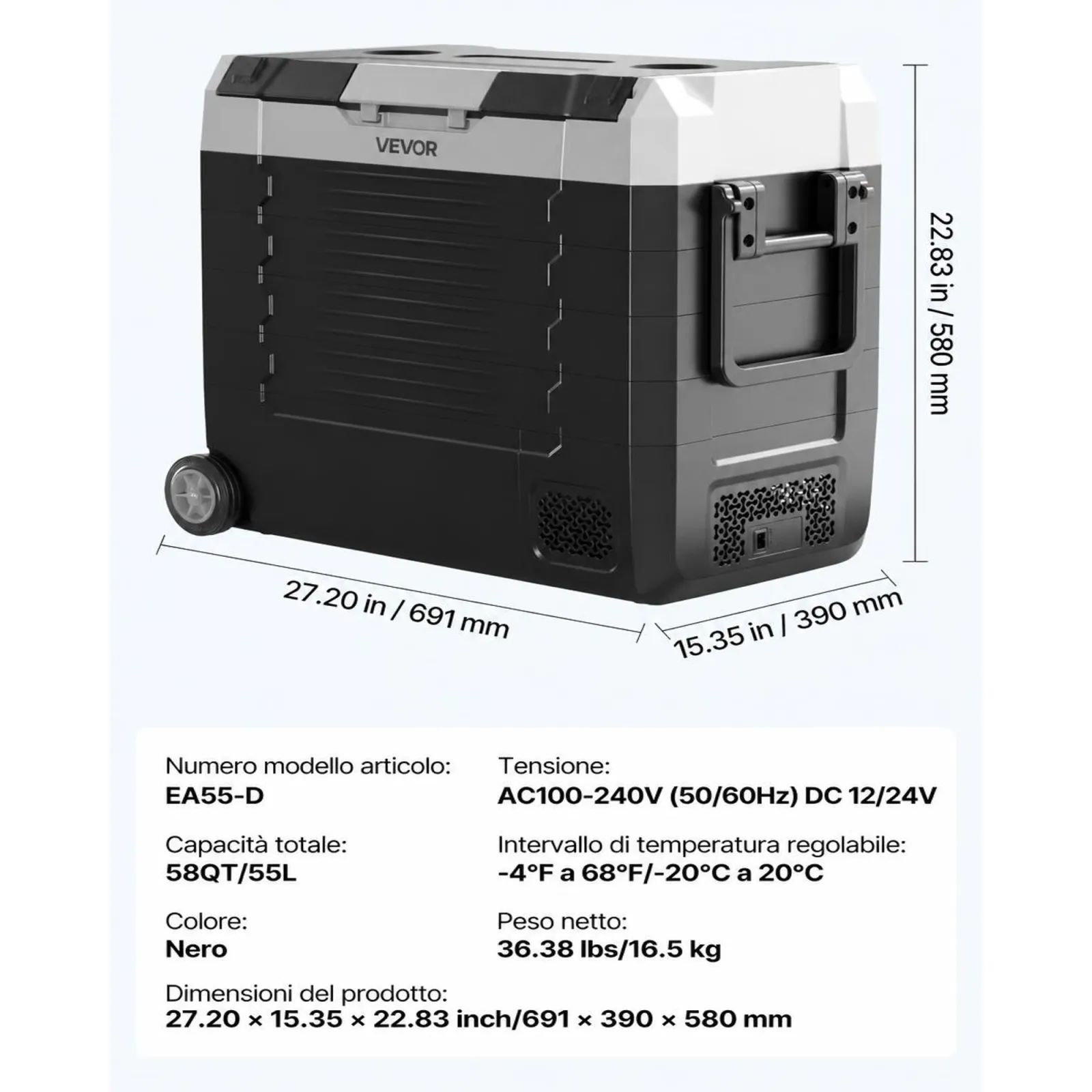 VEVOR Frigorifero Portatile a Compressore da Auto CC 12V/24V CA 100-240V, Frigo Portatile per Campeggio Viaggio Pesca Capienza 55 Litri Contenitore -20 a 20 °C Doppia Zona per Caravan